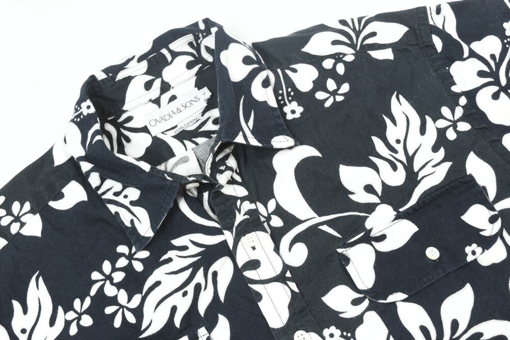 Ovadia & Sons Floral Shirt Mens Large Black White Short Sleeve Button-Up Slim